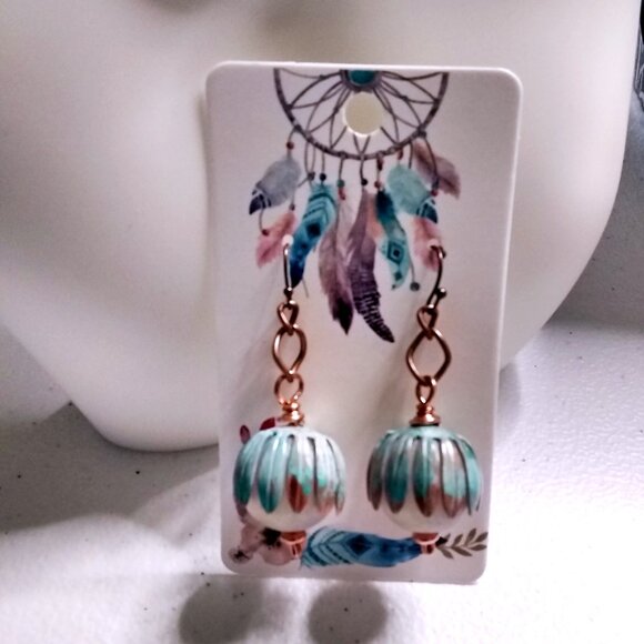 Bold Beauties! Patina Painted Copper & Lightweight Floral Blossom Globe Earrings - Picture 1 of 11